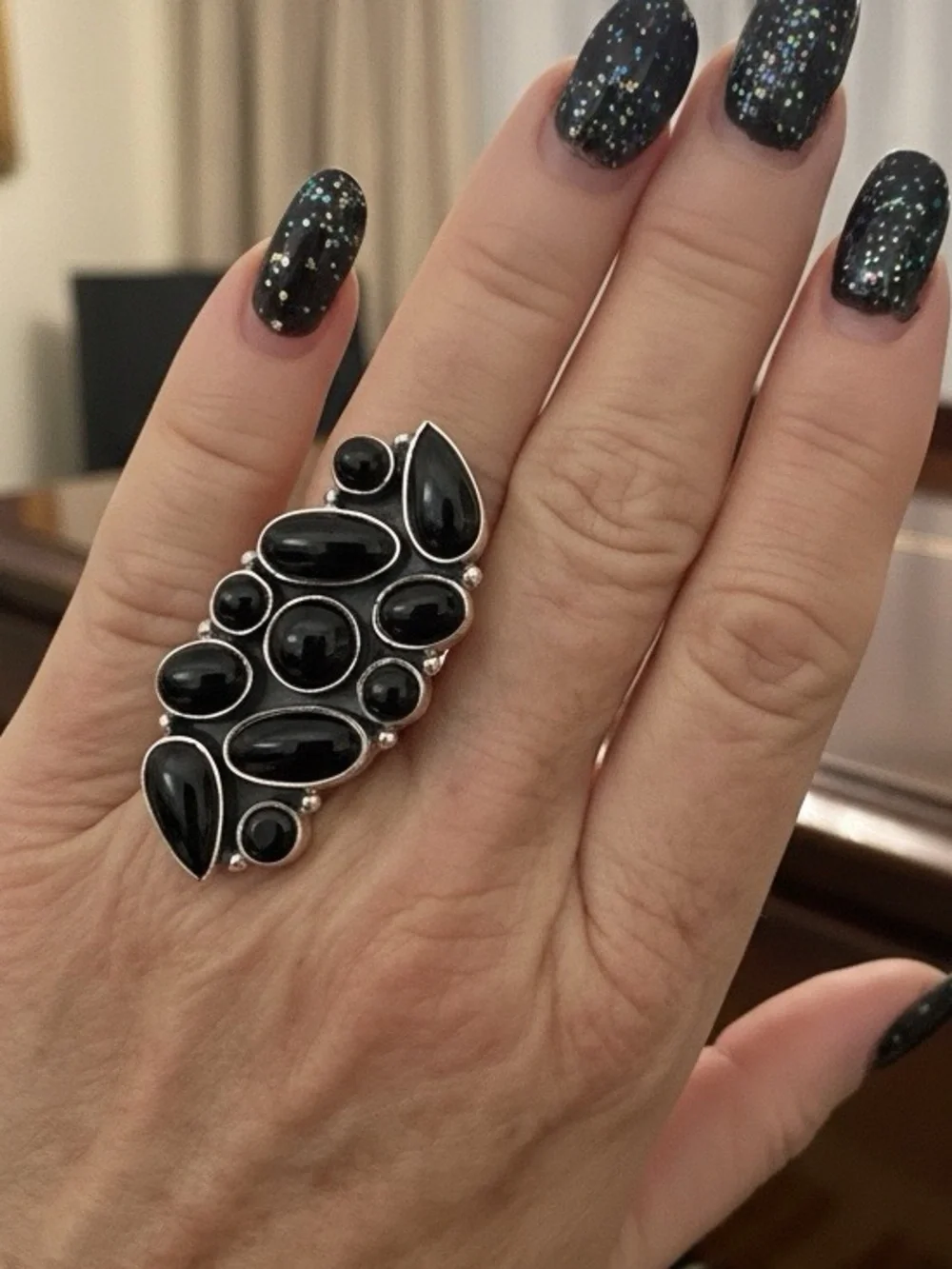 Elegant Black onyx  and sterling‎  Silver Women's Ring